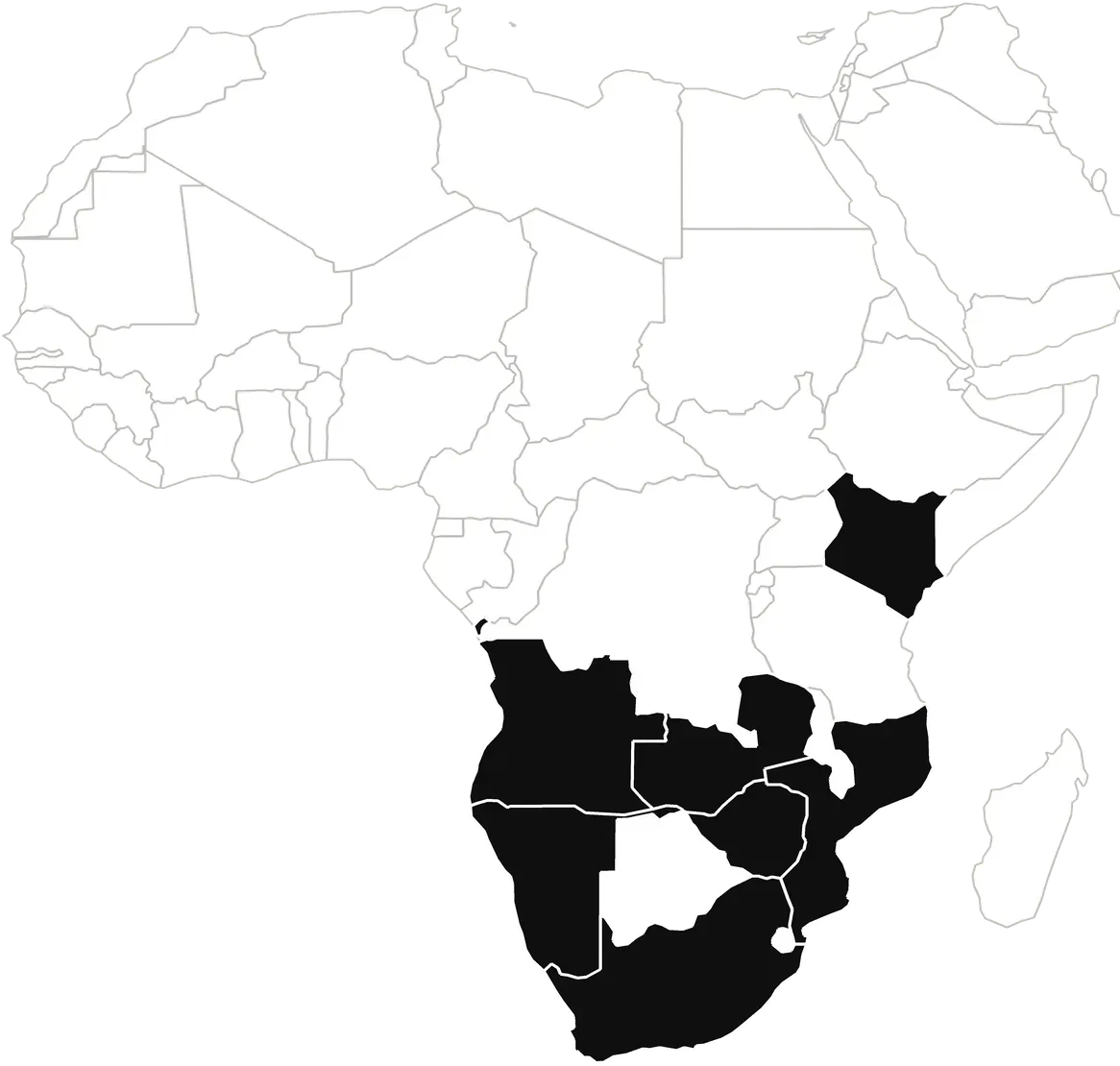Mapa de África com Moçambique, Angola, África do Sul, Zâmbia, Zimbábue, Namíbia e Quénia assinalados
